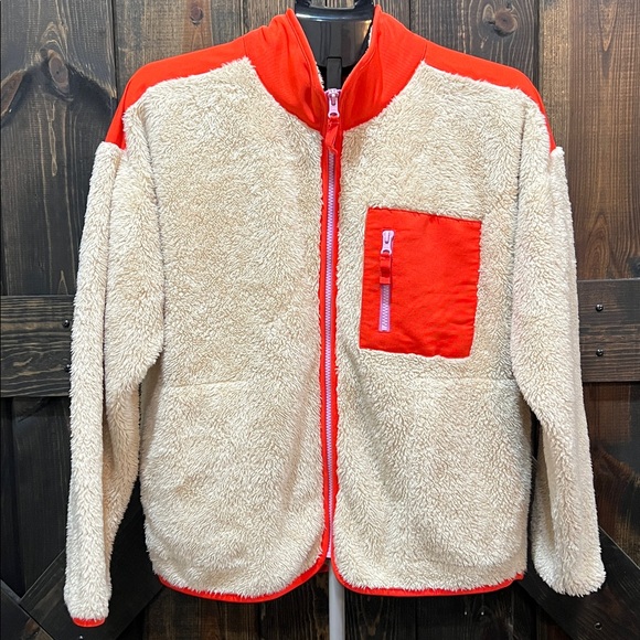 J. Crew SuperPlush Sherpa Jacket M Sand Orange Full Zip Color block Soft Preppy - Picture 1 of 8